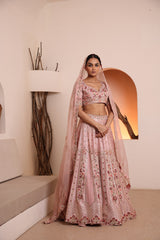 Zardozi dusky pink hand-embroidered raw silk lehenga