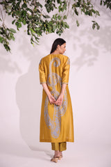 Mustard grey front placket aari kurta set