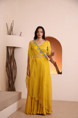 Mustard hand embroidered blouse with silk satin plazo pant