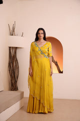 Mustard hand embroidered blouse with silk satin plazo pant
