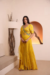 Mustard hand embroidered blouse with silk satin plazo pant