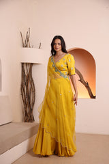 Mustard hand embroidered blouse with silk satin plazo pant