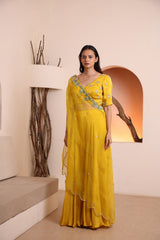 Mustard hand embroidered blouse with silk satin plazo pant