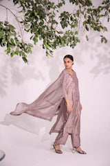 Lilac aari kurta set with one side embroidered dupatta and trouser