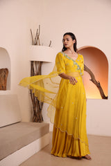 Mustard hand embroidered blouse with silk satin plazo pant