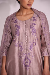 Lilac aari kurta set with one side embroidered dupatta and trouser