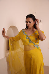 Mustard hand embroidered blouse with silk satin plazo pant