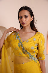 Mustard hand embroidered blouse with silk satin plazo pant