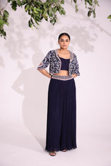 Navy blue embroidered jacket with blouse and gathered palazzo