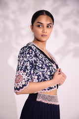 Navy blue embroidered jacket with blouse and gathered palazzo