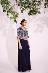 Navy blue embroidered jacket with blouse and gathered palazzo