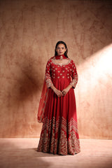 Red flared floor length Anarkali in Chanderi silk with Dori work