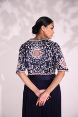 Navy blue embroidered jacket with blouse and gathered palazzo