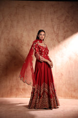 Red flared floor length Anarkali in Chanderi silk with Dori work