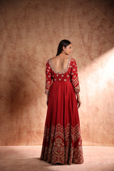 Red flared floor length Anarkali in Chanderi silk with Dori work