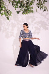 Navy blue embroidered jacket with blouse and gathered palazzo