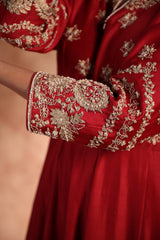 Red flared floor length Anarkali in Chanderi silk with Dori work