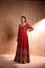 Red flared floor length Anarkali in Chanderi silk with Dori work