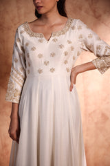 Ivory flared floor length Anarkali in Chanderi silk with Dori work and bead work
