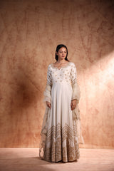 Ivory flared floor length Anarkali in Chanderi silk with Dori work and bead work
