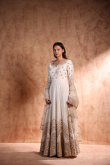 Ivory flared floor length Anarkali in Chanderi silk with Dori work and bead work