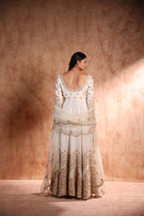 Ivory flared floor length Anarkali in Chanderi silk with Dori work and bead work