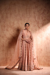 Onion pink thread work Anarkali in Chanderi silk with Resham