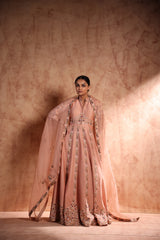 Onion pink thread work Anarkali in Chanderi silk with Resham