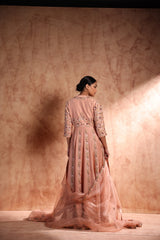 Onion pink thread work Anarkali in Chanderi silk with Resham