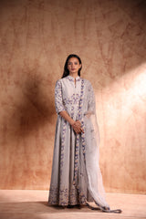 Sky blue thread embroidery Anarkali with Resham, bead and sequin work