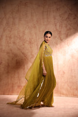 Mustard Anarkali in georgette base with hand embroidery