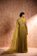 Mustard Anarkali in georgette base with hand embroidery