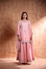 Pink Short kurta with panel plazo pant and adorned with Dori
