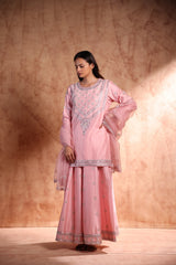 Pink Short kurta with panel plazo pant and adorned with Dori