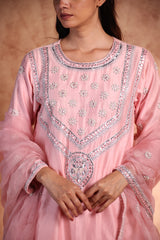 Pink Short kurta with panel plazo pant and adorned with Dori
