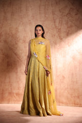 Pistachios green Printed Anarkali in Chanderi Silk with scatted sequin work