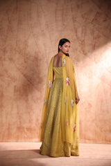 Pistachios green Printed Anarkali in Chanderi Silk with scatted sequin work