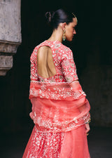 Mehraab Coral Pink Organza Lehenga