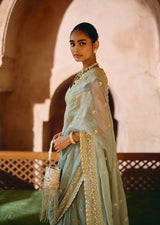 Mehraab Golden and Sage green Saree set