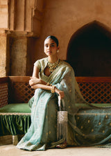 Mehraab Golden and Sage green Saree set