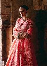 Mehraab Coral Pink Organza Lehenga