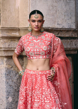 Mehraab Coral Pink Organza Lehenga