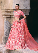 Mehraab Coral Pink Organza Lehenga