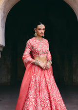 Mehraab Coral Pink Organza Lehenga