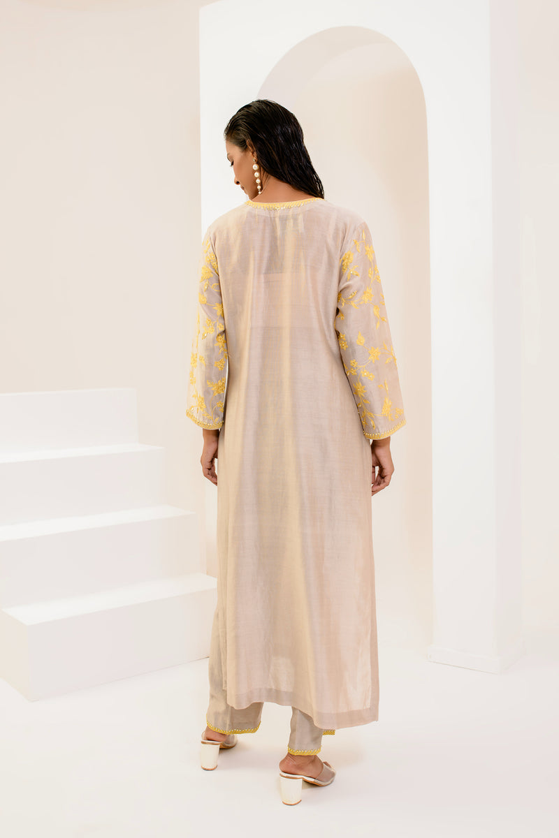 Grey and yellow aari Chanderi silk kurta set