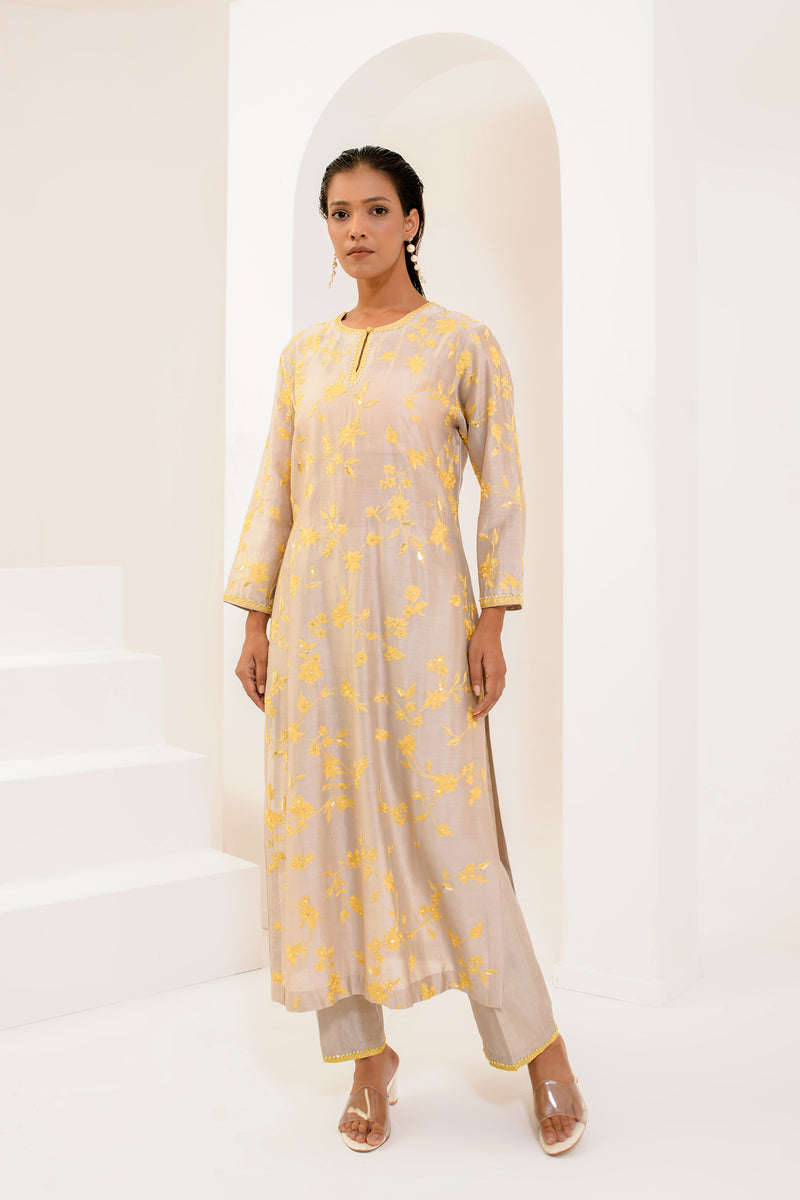 Grey and yellow aari Chanderi silk kurta set