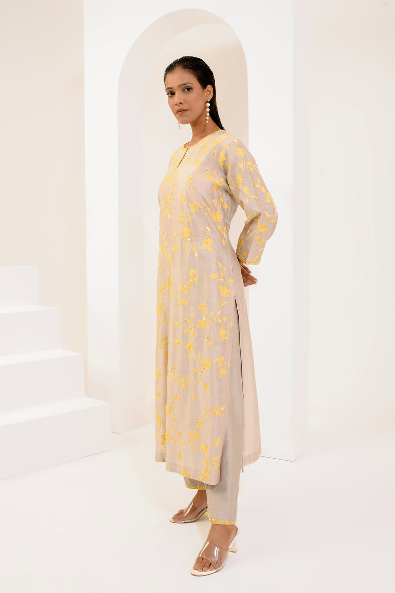 Grey and yellow aari Chanderi silk kurta set