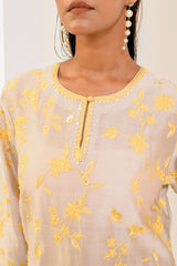 Grey and yellow aari Chanderi silk kurta set