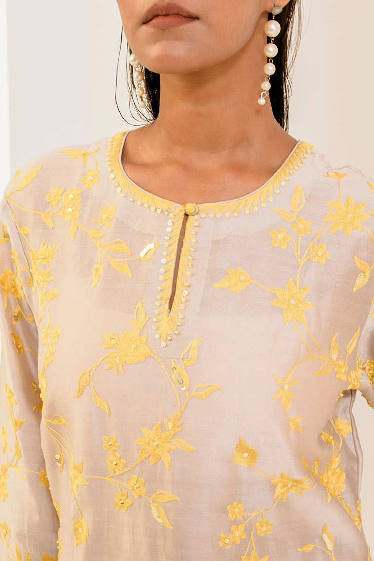 Grey and yellow aari Chanderi silk kurta set