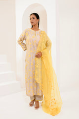 Grey and yellow aari Chanderi silk kurta set